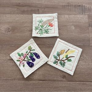 Vintage Hand Embroidered Square Coasters Table Mats 6.26”‎ set of 3